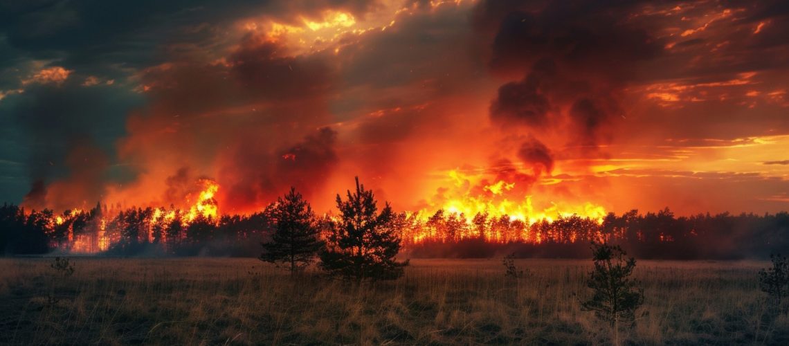 A forest fire is raging in the distance, with smoke billowing into the sky. The sky is filled with dark clouds, and the sun is setting, casting a warm glow over the scene